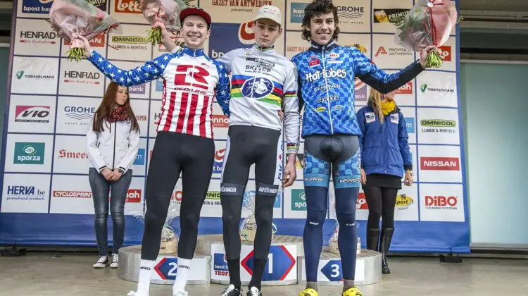 Logan Owen and Curtis White shared the podium with Mathieu van der Poel at the Junior Men's race in Loenhout in 2012. © Tom Robertson