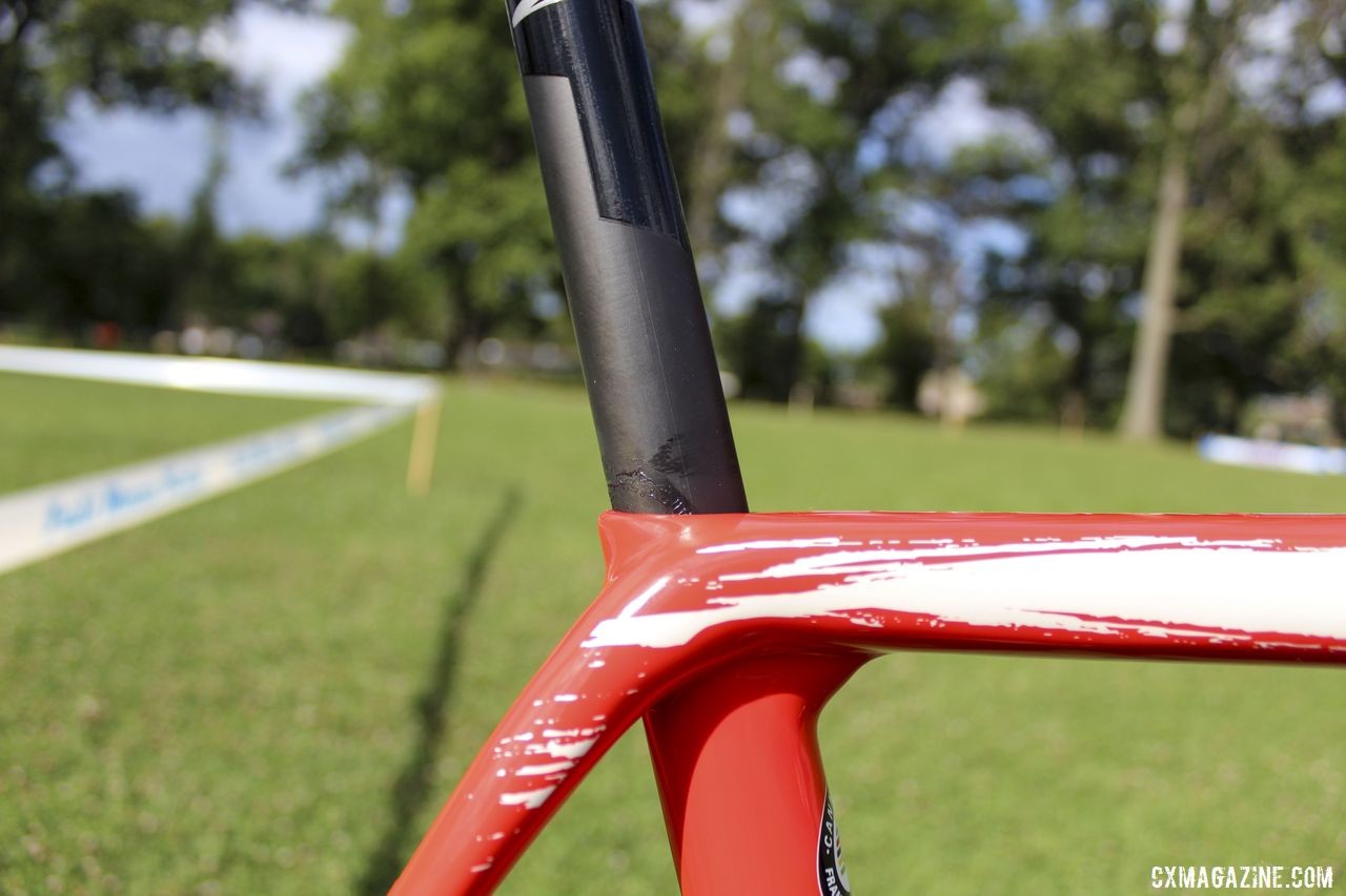 The SuperX eschews a seatpost clamp for a hidden. integrated seatpost binder. Stephen Hyde's 2019 Cannondale SuperX. © Z. Schuster / Cyclocross Magazine