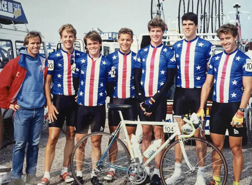 U.S. team for the British Milk Race 1990. From left: Chris Carmichael (DS), Steve Larsen, Richard McClung, Scott Fortner, Matt Newberry, Matt Burinda, Jeff Winkler. Lands End England, GB.). photo: courtest Rich McClung