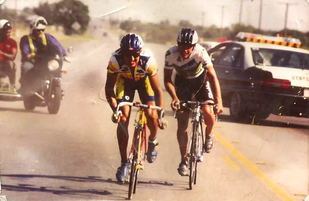 Rich McClung With Roy Knickman at the HOTTER’N HELL 100 Road Race, Witchita Falls, TX 1991. photo: courtesy Rich McClung