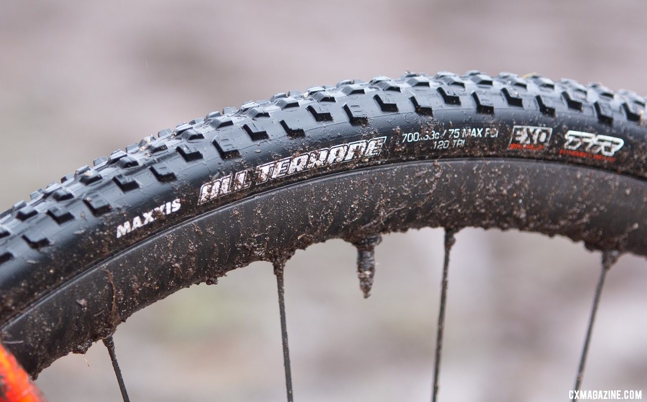 Despite the mud, Myrah used an intermediate tread Maxxis All Terrane tubeless tire. Don Myrah's Ibis Hakka MX. 2019 USA Cycling Cyclocross National Championships bike profiles, Lakewood, WA. © A. Yee / Cyclocross Magazine