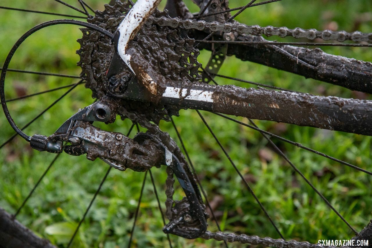 Since he was using a front derailleur, Smith could not use the Force 1 derailleur, which features a clutch. George Smith's National Championship Focus Mares, 2019 Cyclocross National Championships, Lakewood, WA.