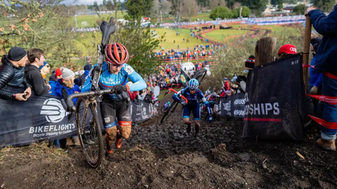 Katie Compton and Courtenay McFadden battled mightily on Sunday for the third and fourth spots for much of the race. Compton would ultimately win that battle, finishing almost a minute ahead. 2019 Lakewood U.S. Cyclocross Nationals. © Drew Coleman