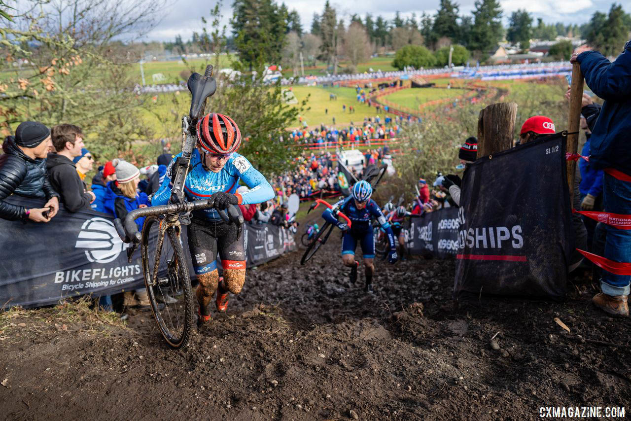 Katie Compton and Courtenay McFadden battled mightily on Sunday for the third and fourth spots for much of the race. Compton would ultimately win that battle, finishing almost a minute ahead. 2019 Lakewood U.S. Cyclocross Nationals. © Drew Coleman