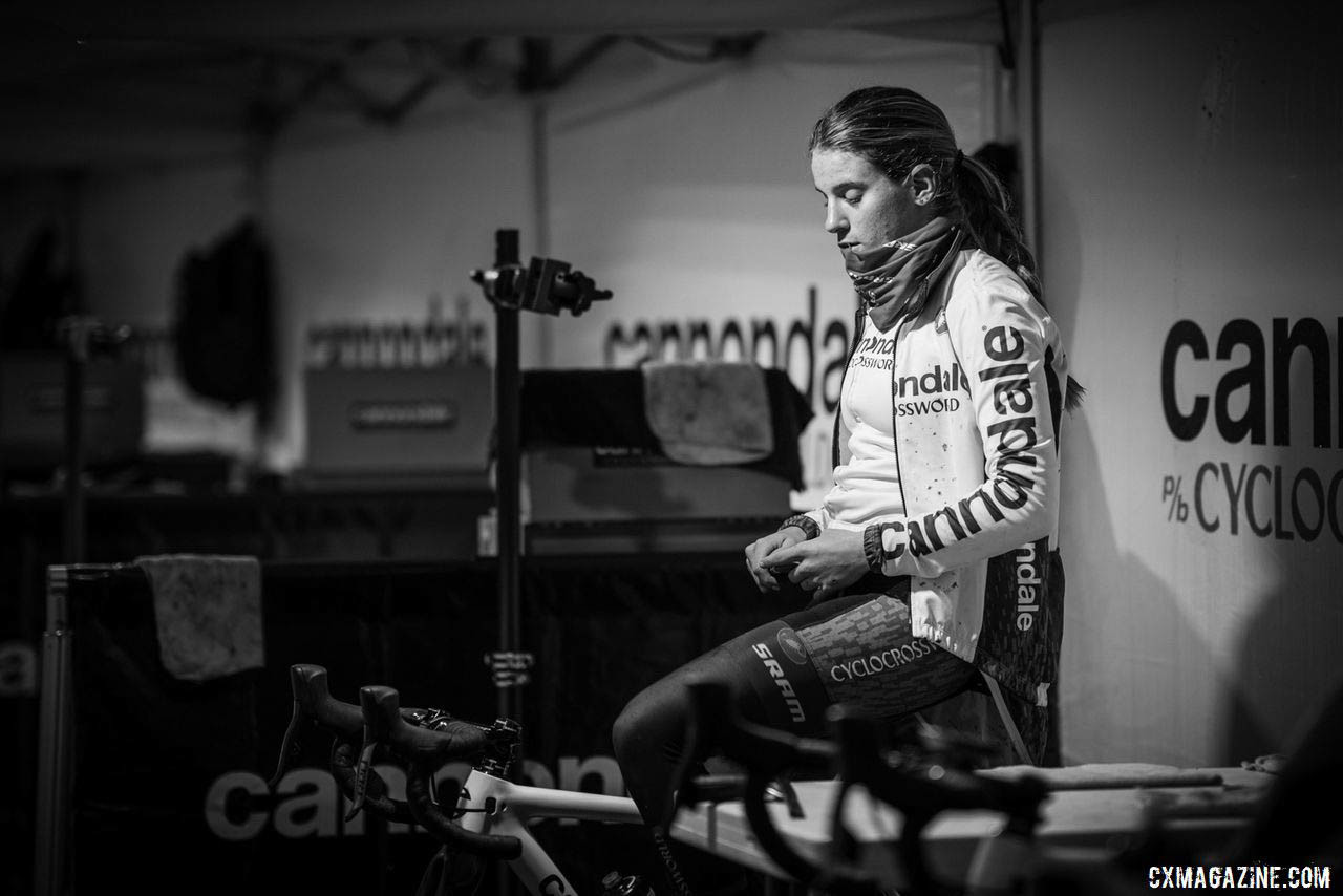 n a quiet moment, Katie Clouse warms up in the trainer. She would take the win on Sunday in the Women's U23 race.2019 Lakewood U.S. Cyclocross Nationals. © Drew Coleman