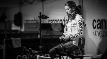 n a quiet moment, Katie Clouse warms up in the trainer. She would take the win on Sunday in the Women's U23 race.2019 Lakewood U.S. Cyclocross Nationals. © Drew Coleman