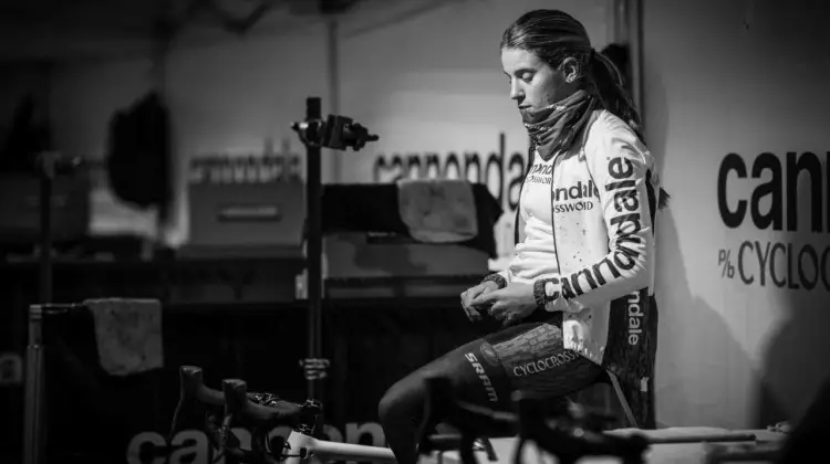 n a quiet moment, Katie Clouse warms up in the trainer. She would take the win on Sunday in the Women's U23 race.2019 Lakewood U.S. Cyclocross Nationals. © Drew Coleman