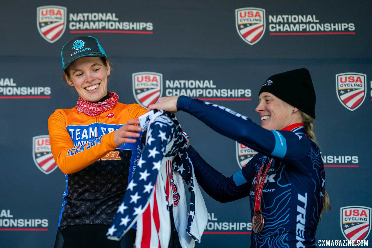 Grit, class and grace were in full display both inside the tape and on the podium. 2019 Lakewood U.S. Cyclocross Nationals. © Drew Coleman