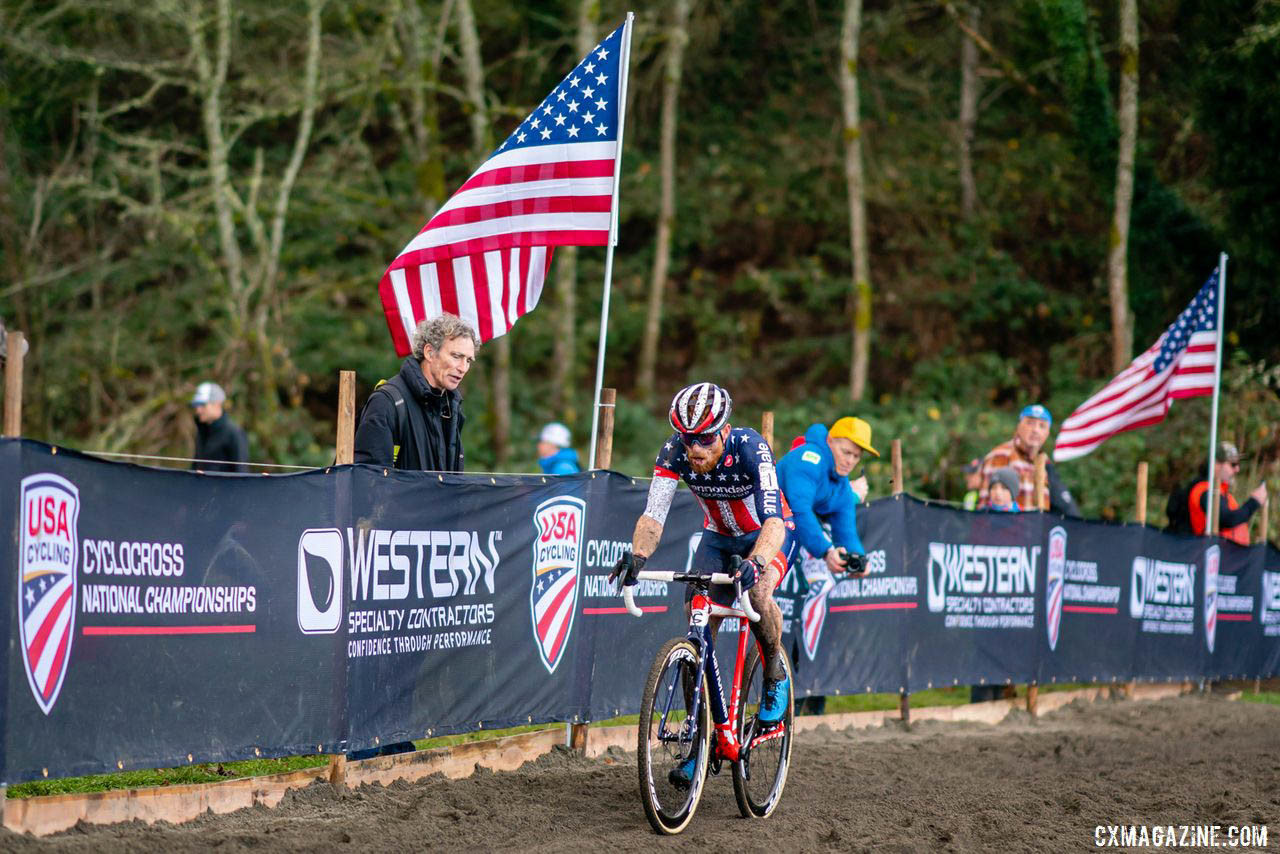 Stephen Hyde chose to wear his Stars and Stripes for the championship race on Sunday which was an option this year due to a USAC rule change that allows current champions to be more easily identified in the field. 2019 Lakewood U.S. Cyclocross Nationals. © Drew Coleman