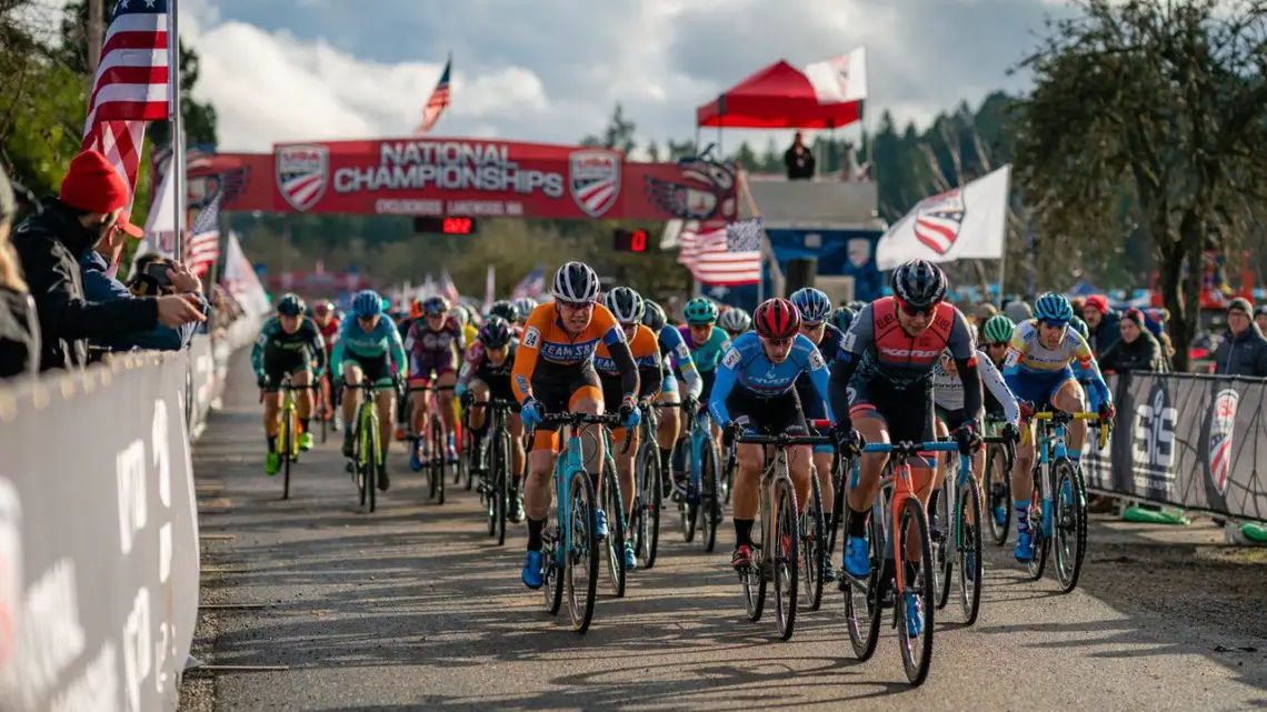 Rebecca Fahringer leads out the Elite Women's field. 2019 Lakewood U.S. Cyclocross Nationals. © Drew Coleman