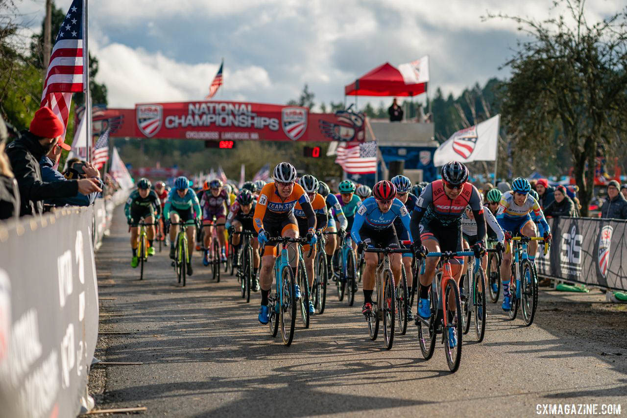 Rebecca Fahringer leads out the Elite Women's field. 2019 Lakewood U.S. Cyclocross Nationals. © Drew Coleman