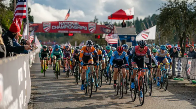Rebecca Fahringer leads out the Elite Women's field. 2019 Lakewood U.S. Cyclocross Nationals. © Drew Coleman