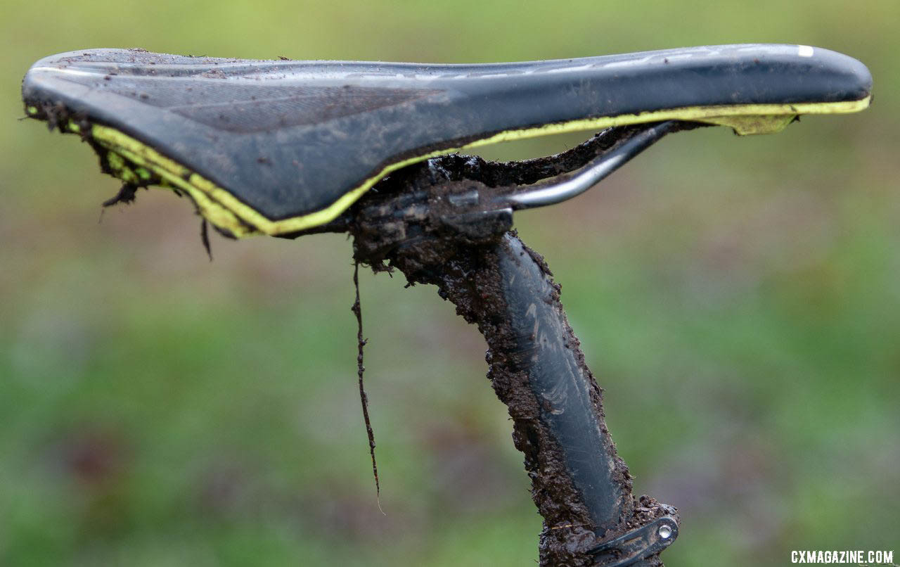 No need for after-market upgrades to keep weight down on the Addict - a Syncros carbon seat post and Syncros saddle with titanium rails do the trick just fine. Caleb Thompson's Masters 35-39-winning Scott Addict CX Cyclocross bike. 2019 USA Cycling Cyclocross National Championships bike profiles, Lakewood, WA. © A. Yee / Cyclocross Magazine