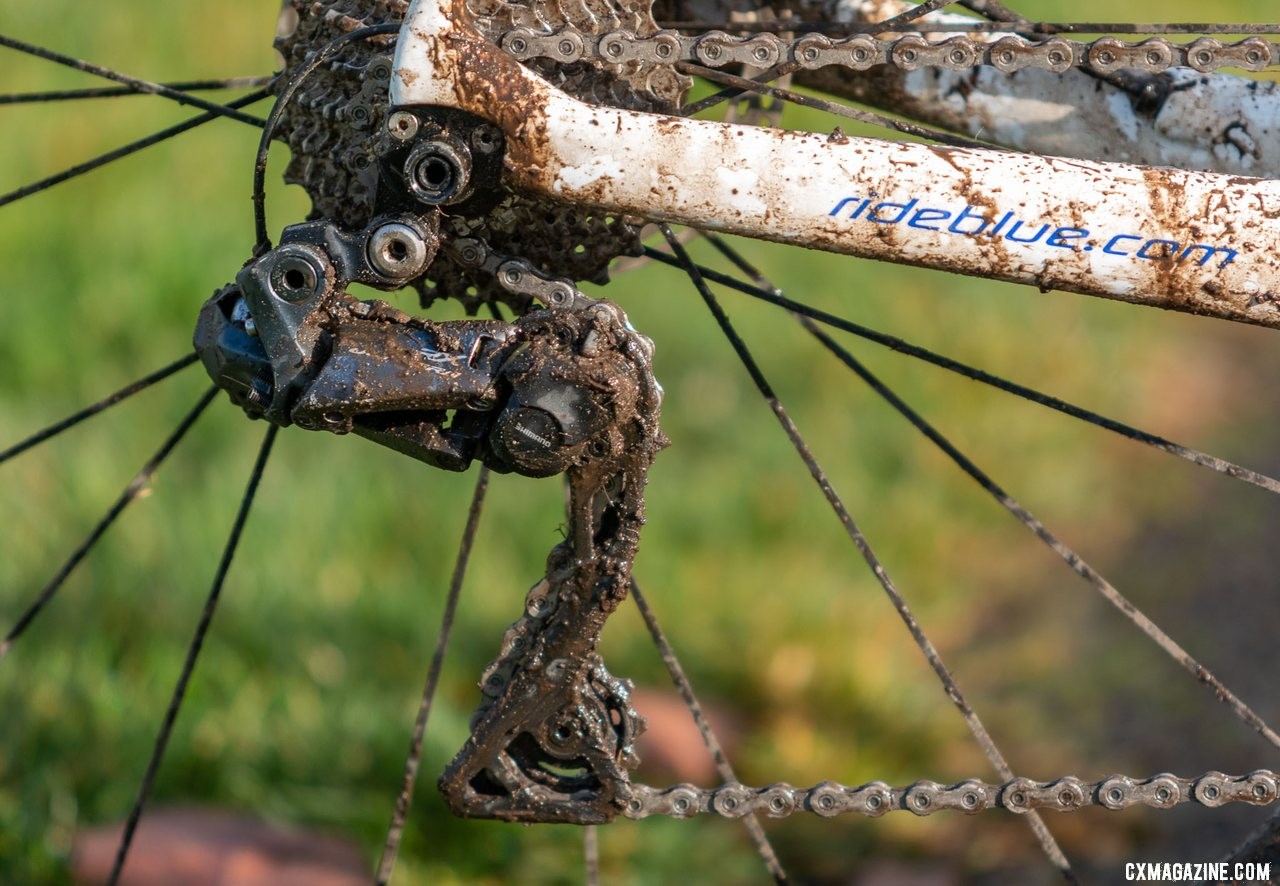 Brunner went clutch with a Shimano Ultegra RX805 clutch rear derailleur. Eric Brunner's 2019 U23 National Championships Blue Norcross Team Edition. © A. Yee / Cyclocross Magazine