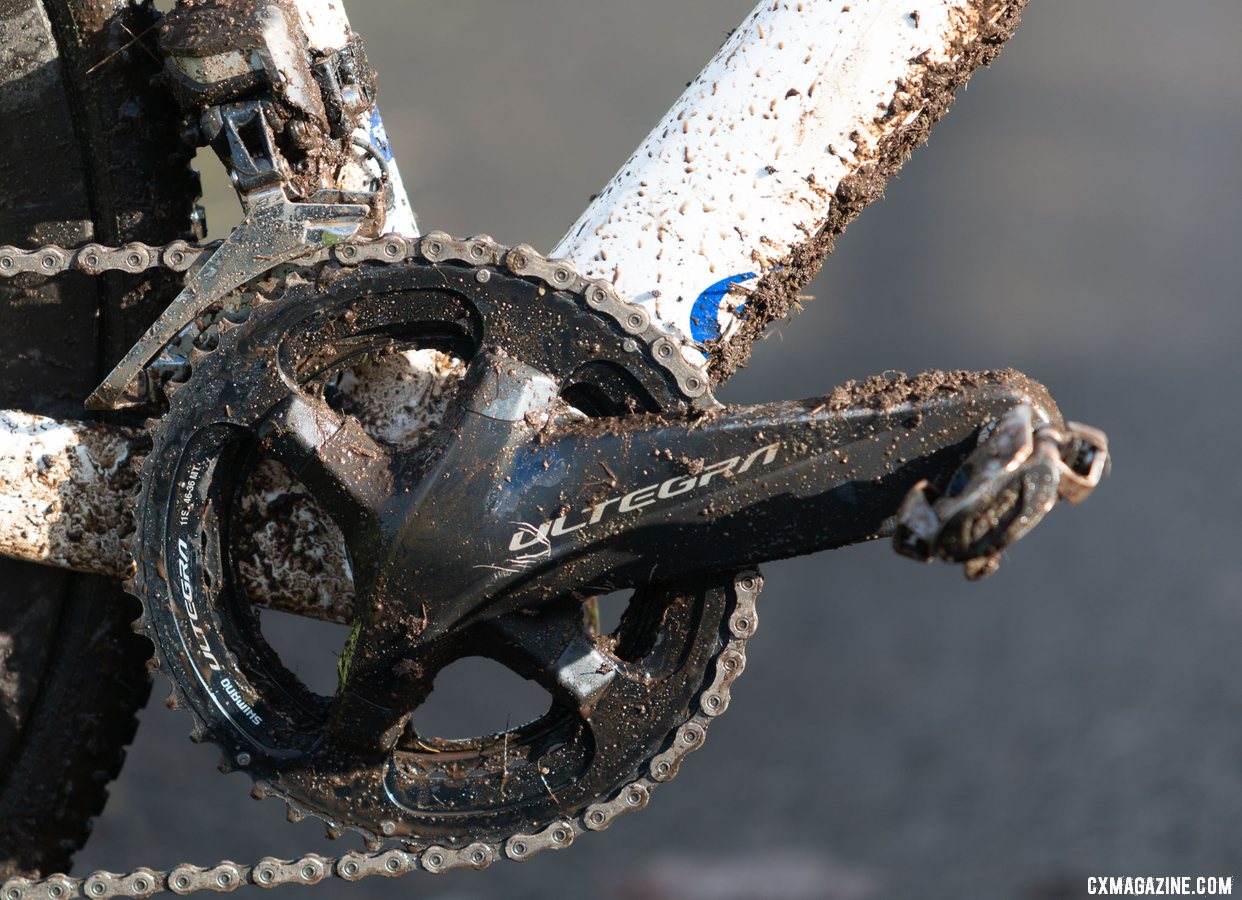 Brunner ran a double with an Ultegra R8000 crankset that held 46/36t cyclocross chain rings. Eric Brunner's 2019 U23 National Championships Blue Norcross Team Edition. © A. Yee / Cyclocross Magazine