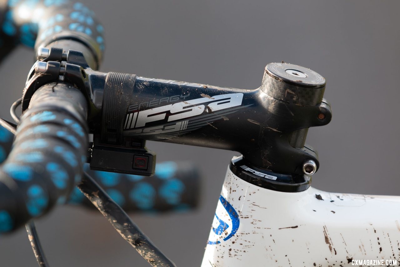 Brunner ran an all-alloy cockpit, with an FSA Energy stem holding his FSA Gossamer handlebar. Eric Brunner's 2019 U23 National Championships Blue Norcross Team Edition. © A. Yee / Cyclocross Magazine