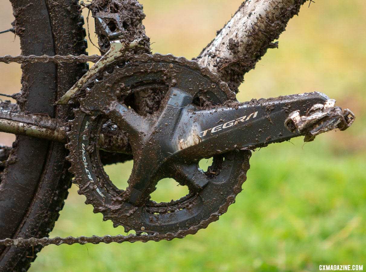 Spranger opts for Shimano SPD PD-M9100 pedals to keep the power rolling through the rest of the Shimano drivetrain. Jack Spranger's Jr 15-16 winning Sage PDXCX cyclocross bike. 2019 Cyclocross National Championships, Lakewood, WA. © A. Yee / Cyclocross Magazine