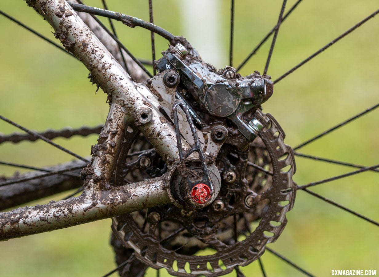 A distinctive truss reinforces the seat stay and chain stay around the rear brake caliper. Jack Spranger's Jr 15-16 winning Sage PDXCX cyclocross bike. 2019 Cyclocross National Championships, Lakewood, WA. © A. Yee / Cyclocross Magazine