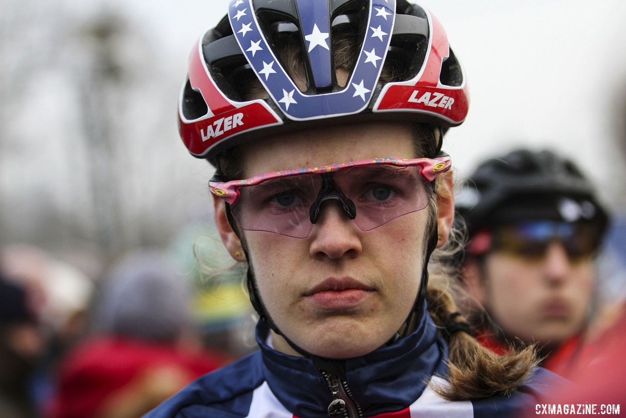 Clara Honsinger gets ready for Wednesday's race. 2020 GP Sven Nys, Baal. © B. Hazen / Cyclocross Magazine