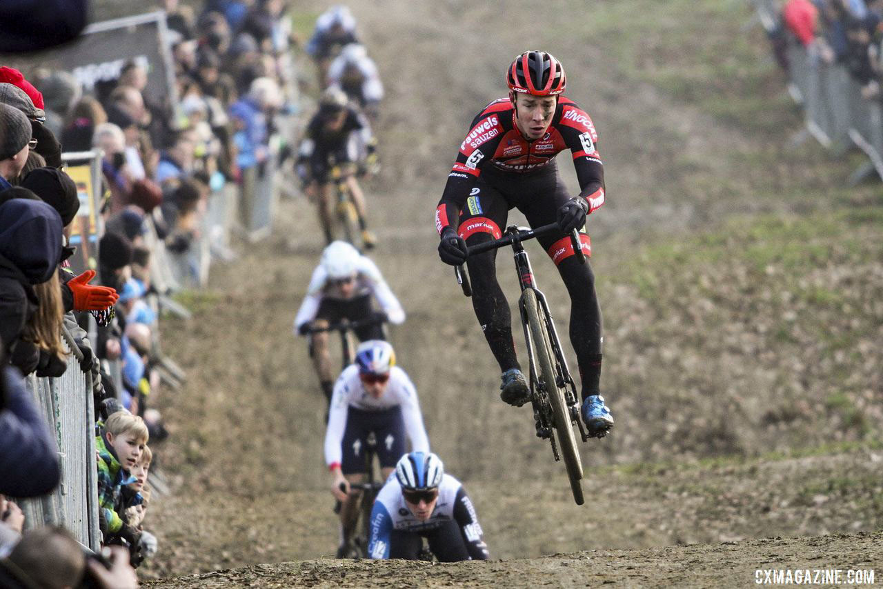 Laurens Sweeck gets some air. 2020 GP Sven Nys, Baal. © B. Hazen / Cyclocross Magazine