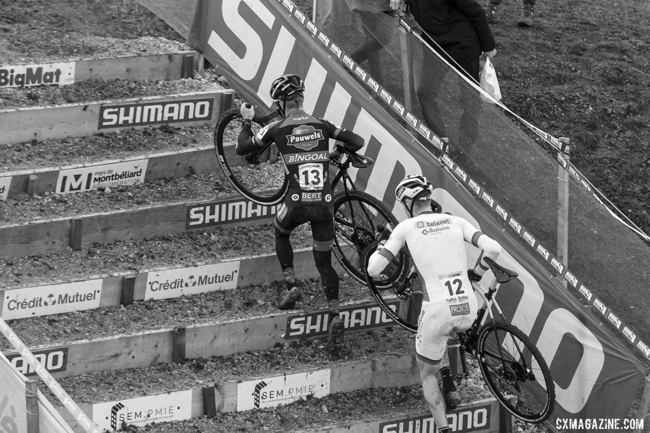 Iserbyt and Aerts head up the stairs at the beginning of the last lap. 2020 World Cup Nommay, France. © B. Hazen / Cyclocross Magazine