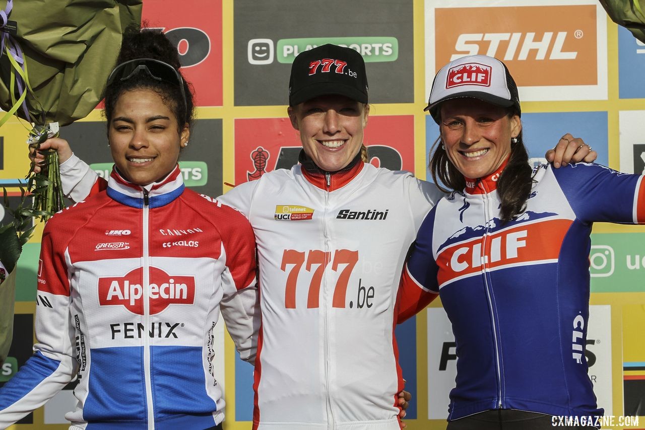 World Cup overall podium: Annemarie Worst, Ceylin Alvarado and Katerina Nash. 2020 World Cup Hoogerheide, Netherlands. © B. Hazen / Cyclocross Magazine