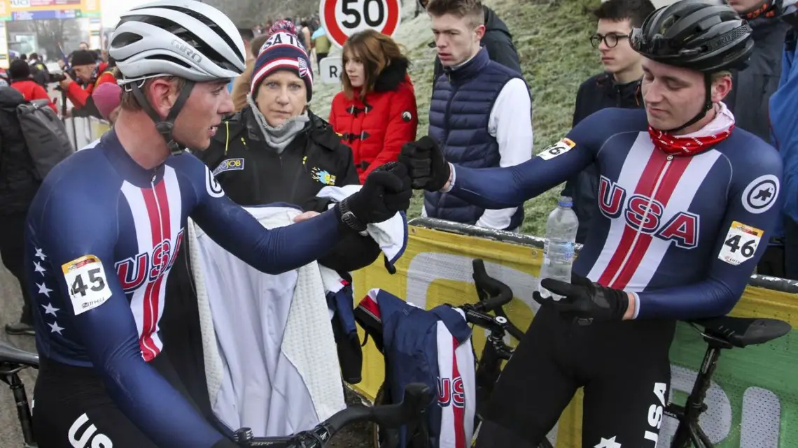 Nick Carter and Magnus Sheffield chat after their races2020 World Cup Nommay. © B. Hazen / Cyclocross Magazine