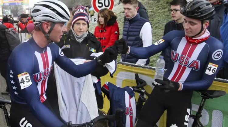 Nick Carter and Magnus Sheffield chat after their races2020 World Cup Nommay. © B. Hazen / Cyclocross Magazine