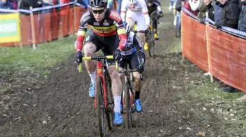 Laurens Sweeck raced in his new Belgian Champ's kit. 2020 World Cup Nommay. © B. Hazen / Cyclocross Magazine