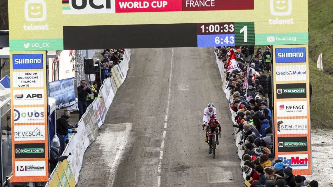 Iserbyt and Aerts entered the last lap together. 2020 World Cup Nommay. © B. Hazen / Cyclocross Magazine