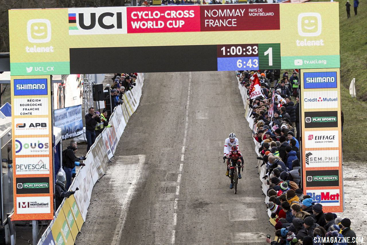 Iserbyt and Aerts entered the last lap together. 2020 World Cup Nommay. © B. Hazen / Cyclocross Magazine