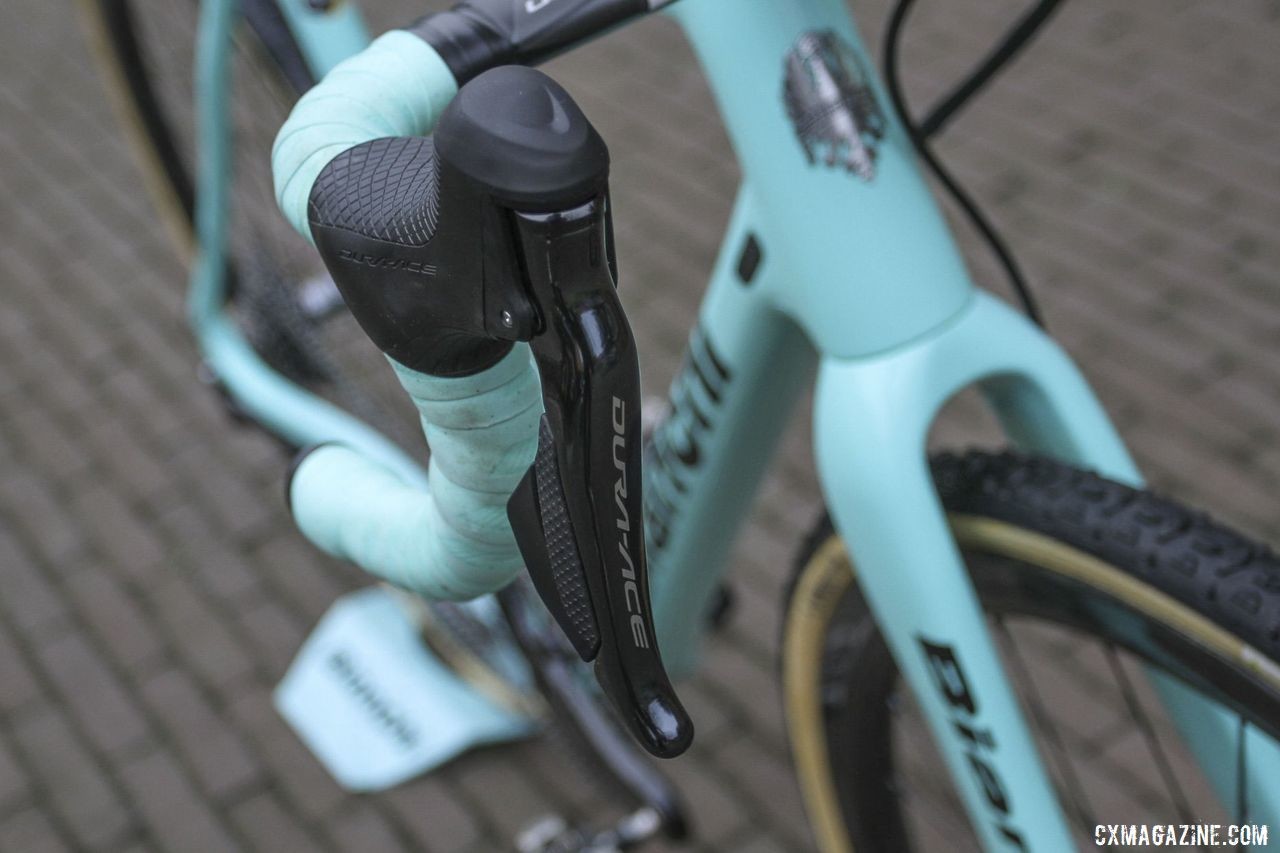 Van Aert shifted and braked with Dura-Ace R9170 dual-control levers. Wout van Aert's 2019 Azencross Loenhout Bianchi Zolder Pro. © B. Hazen / Cyclocross Magazine