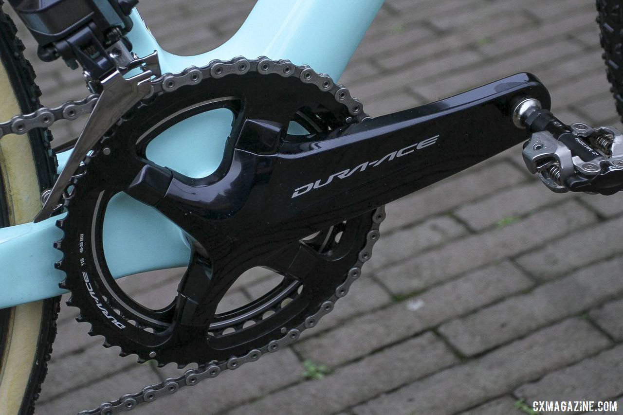 Jumbo - Visma is sponsored by Shimano, so Van Aert ran an R9100 Dura-Ace crankset with 46/39t pro-only chain rings. Wout van Aert's 2019 Azencross Loenhout Bianchi Zolder Pro. © B. Hazen / Cyclocross Magazine