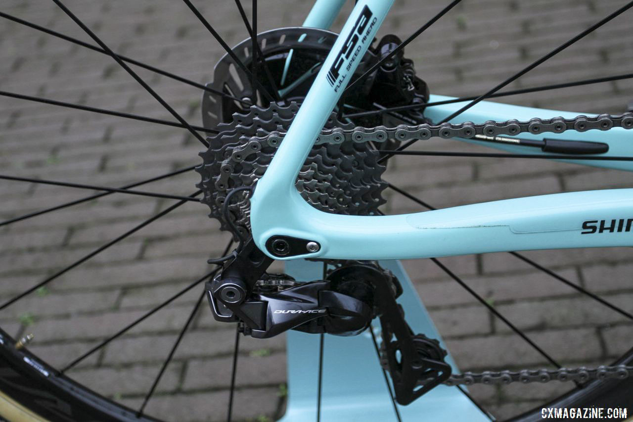 Now a Shimano man, Van Aert ran a Dura-Ace R9150 Di2 rear derailleur. Wout van Aert's 2019 Azencross Loenhout Bianchi Zolder Pro. © B. Hazen / Cyclocross Magazine