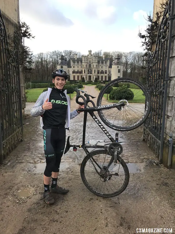 Lucas Stierwalt poses outside the castle in Vorselaar during a ride.