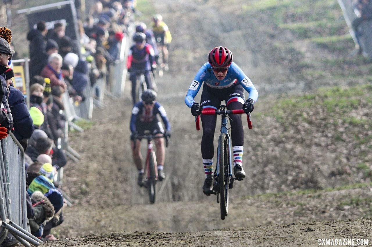Ruby West gets some air through the whoops section. 2020 GP Sven Nys, Baal. © B. Hazen / Cyclocross Magazine