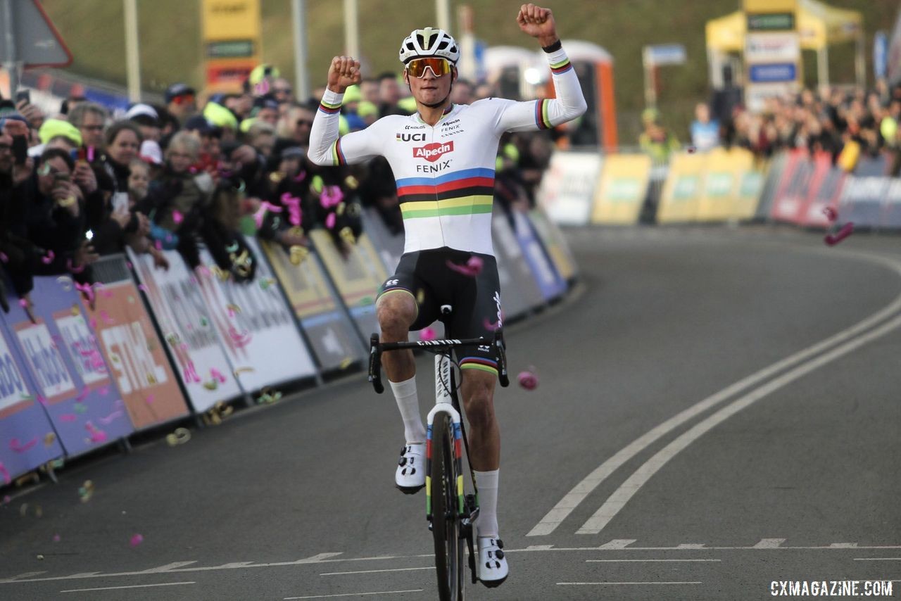 Mathieu van der Poel celebrates his latest win. 2020 World Cup Hoogerheide, Netherlands. © B. Hazen / Cyclocross Magazine