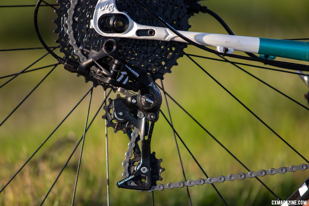 Apex 1 shifters and rear derailleur offer wide-range gearing with a tall 44x11 top gear. The new All-City Super Professional cyclocross bike. © Cyclocross Magazine