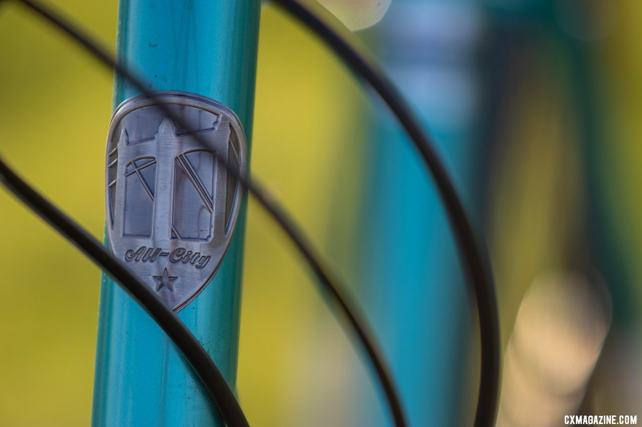 The new All-City Super Professional cyclocross bike boasts fine touchest like this handsome head badge. © Cyclocross Magazine