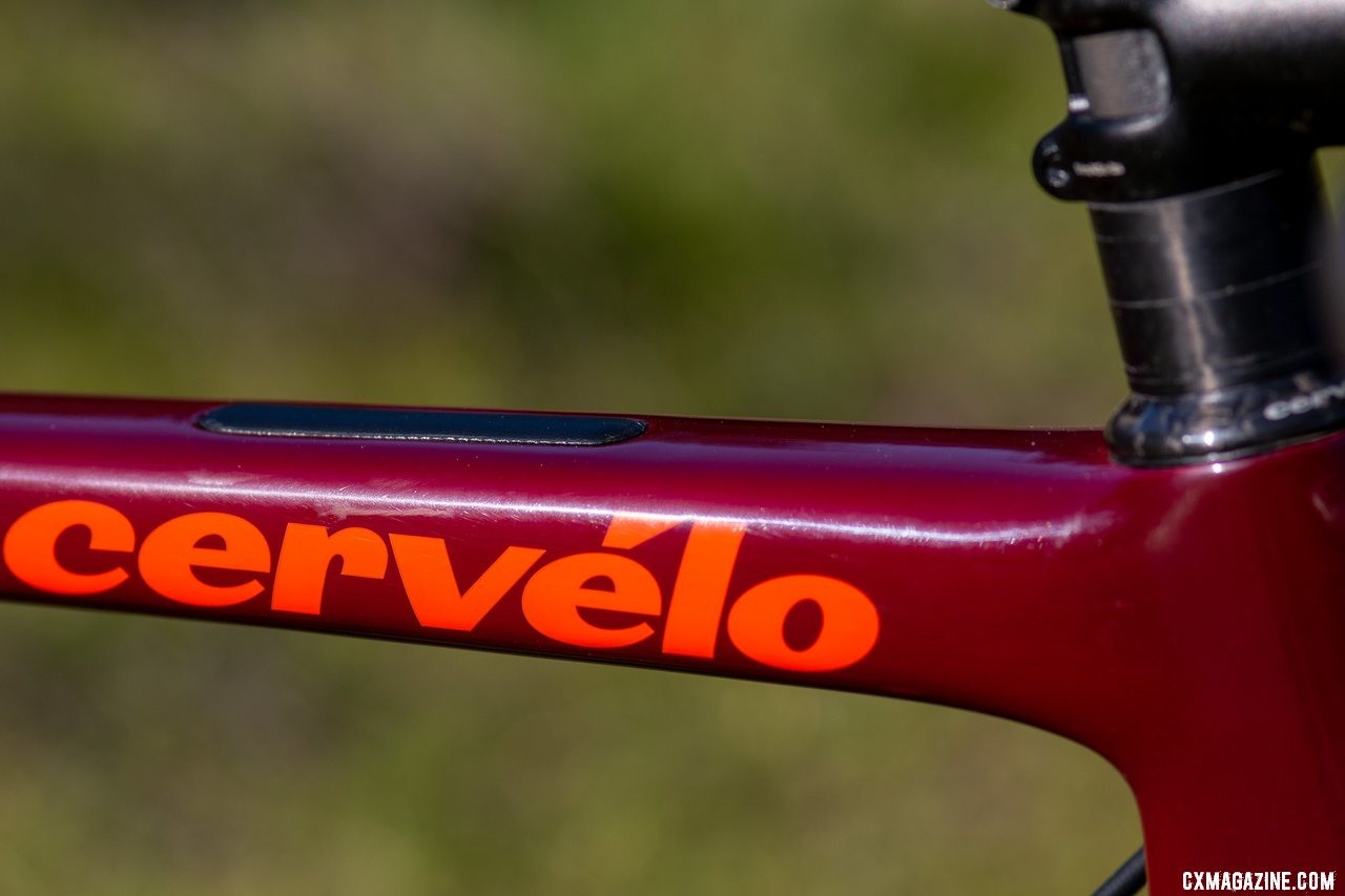 The Cervelo Aspero carbon gravel bike is ready for a top tube snack box, but the top tube bag mount cover wants to fly off on car racks. © Cyclocross Magazine