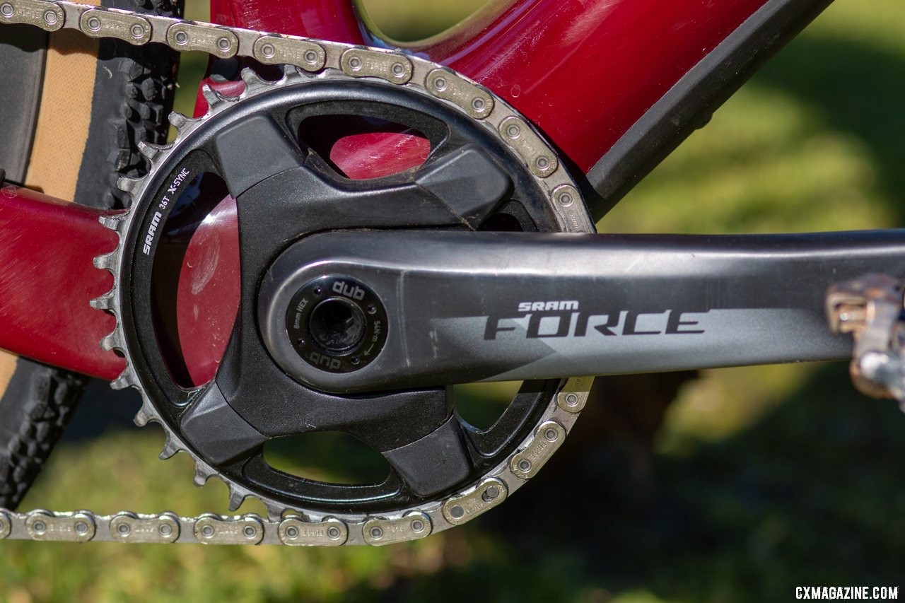 The 36x33 low gear on the Force AXS build was ideal for cyclocross, but quite tall for hilly gravel rides. The Cervelo Aspero carbon gravel bike review. © Cyclocross Magazine