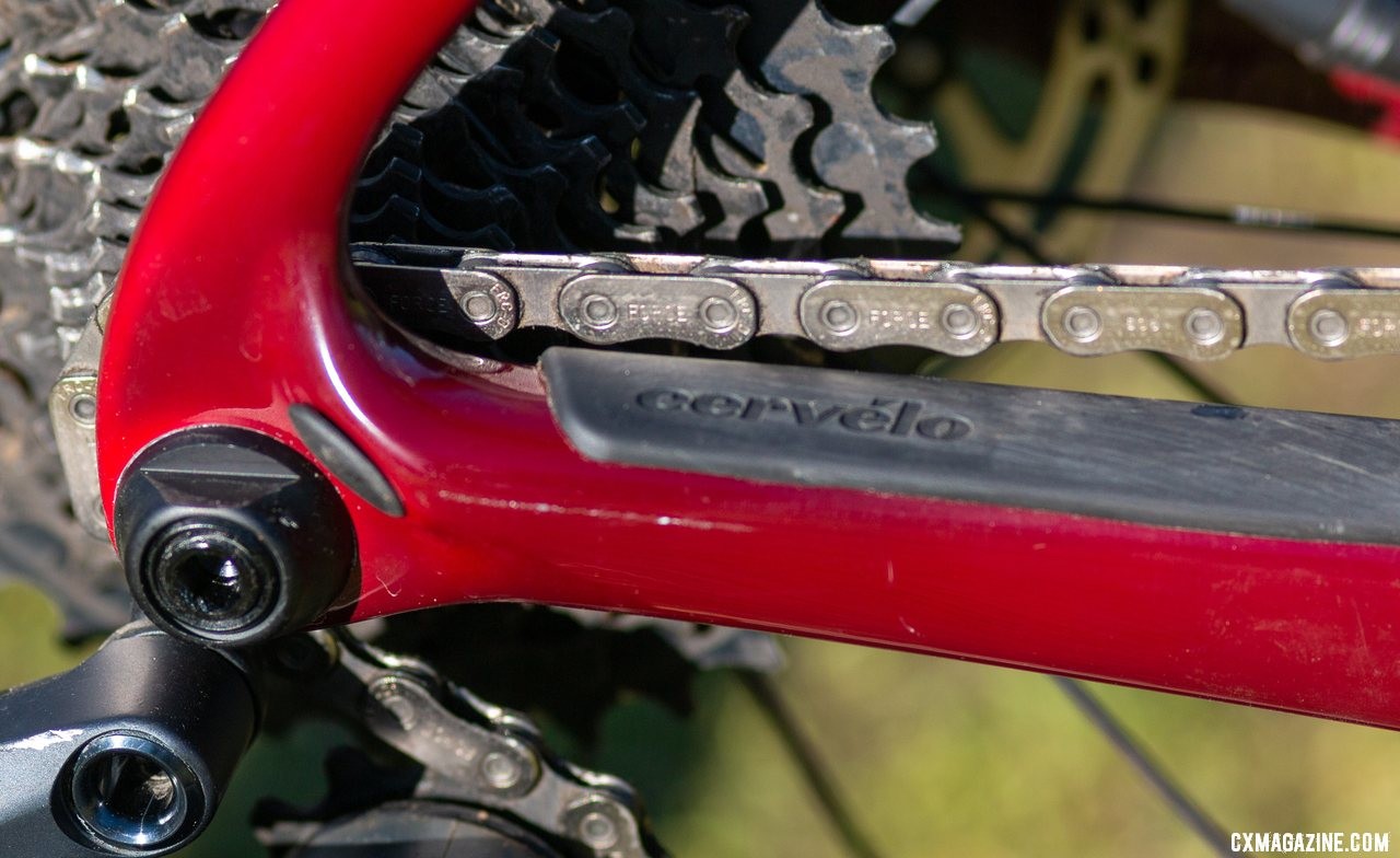 The SRAM Flattop chain barely clearas the seatstay when in the 36x10 gear. The Cervelo Aspero carbon gravel bike review. © Cyclocross Magazine