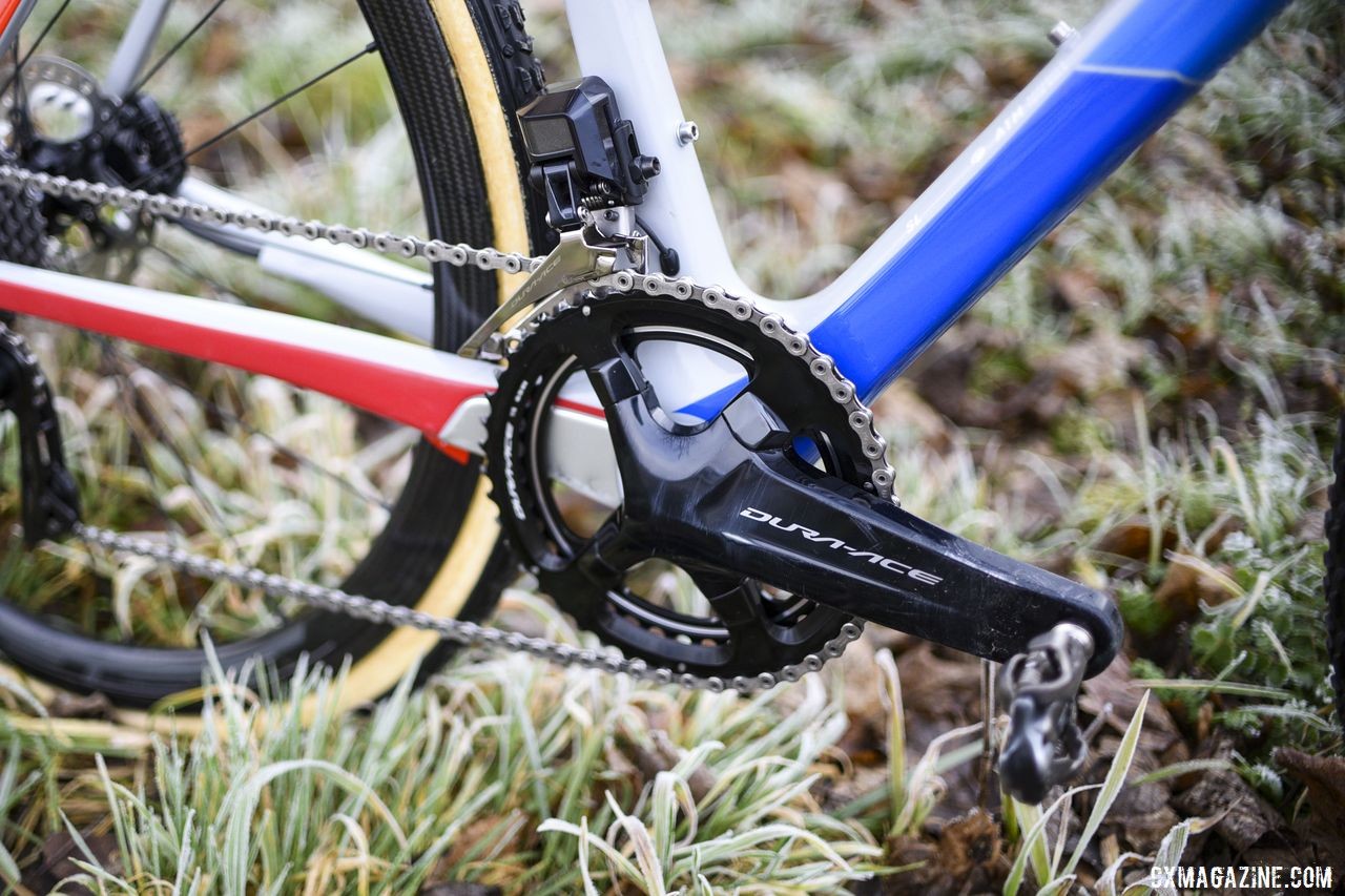 Back on Shimano Dura-Ace, Hermans ran an R9100 crank, R9150 front derailleur and 46/39t rings. Quinten Hermans' Cube Cross Race C:62 Cyclocross Bike. © E. Haumesser / Cyclocross Magazine