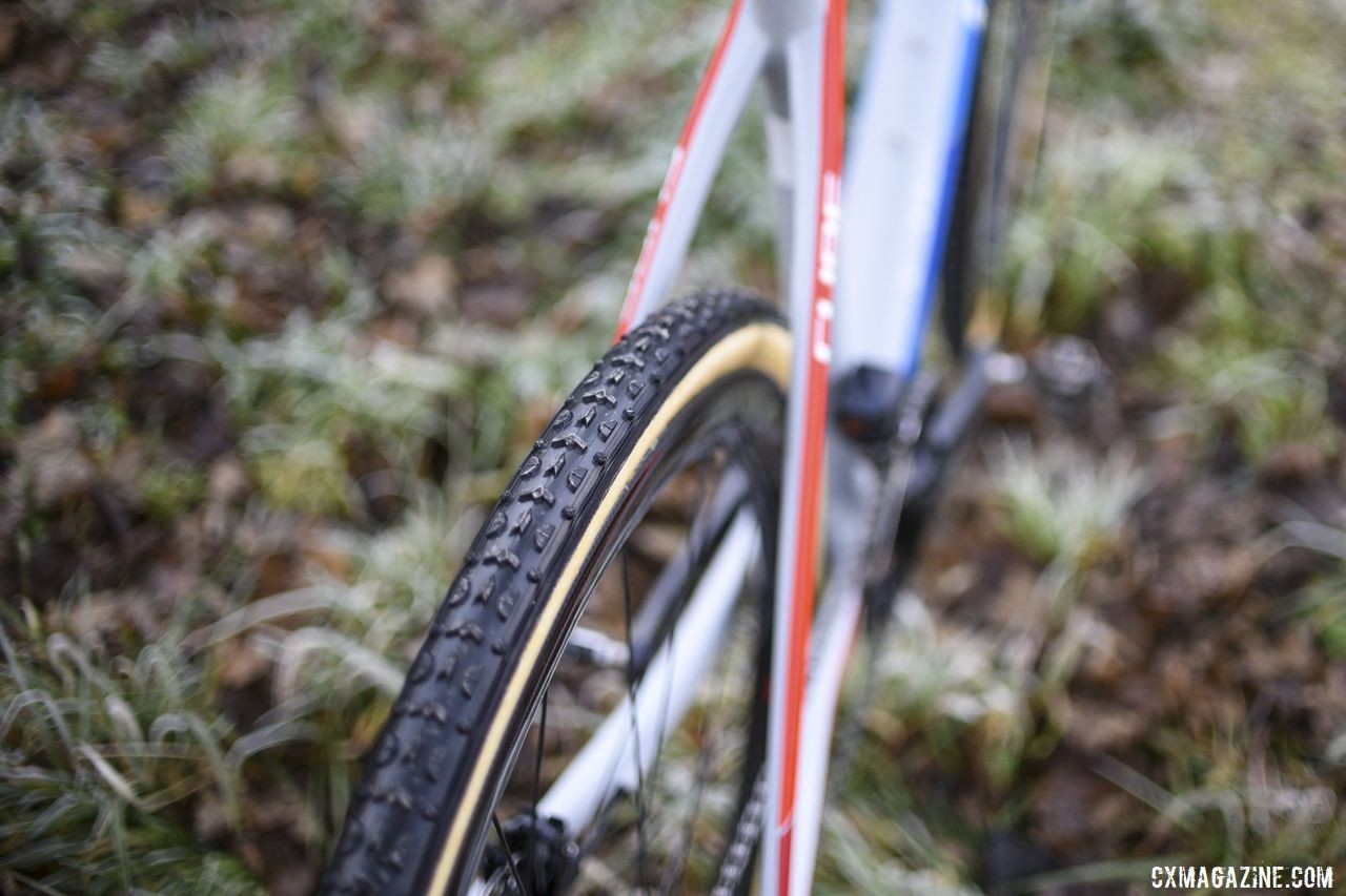 When we saw Hermans' bike, he had A Dugast Typhoon intermediate treads mounted. Quinten Hermans' Cube Cross Race C:62 Cyclocross Bike. © E. Haumesser / Cyclocross Magazine