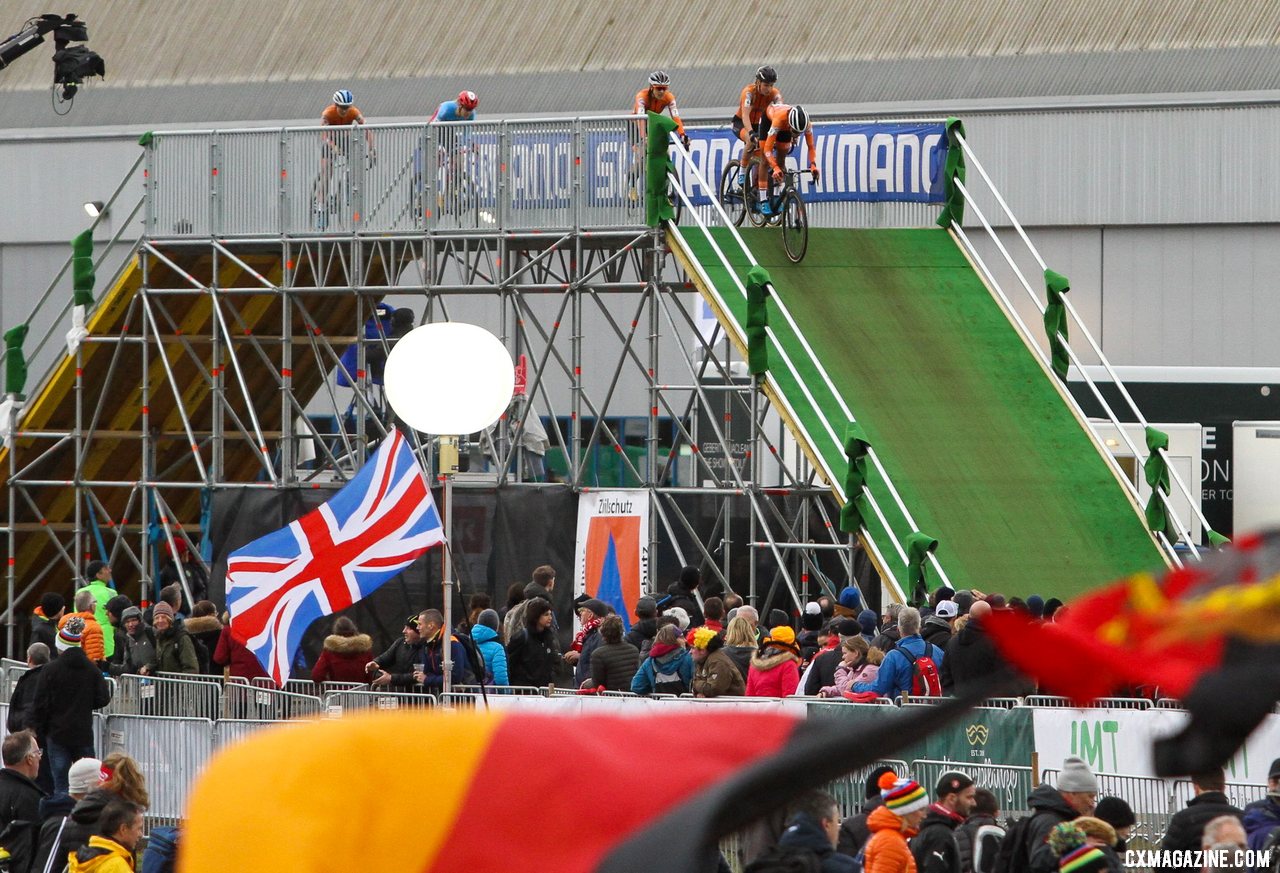The main vertical gains were through man-made flyovers. 2020 UCI Cyclocross World Championships, Dübendorf, Switzerland. © B. Hazen / Cyclocross Magazine