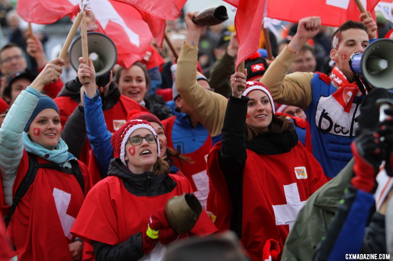 The fans were out in full force behind Kuhn. U23 Men. 2020 UCI Cyclocross World Championships, Dübendorf, Switzerland. © B. Hazen / Cyclocross Magazine