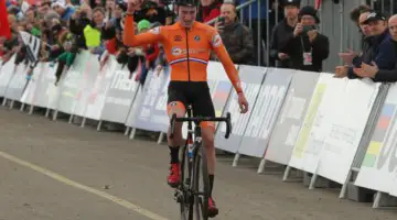 Ryan Kamp celebrates an emotional win. U23 Men. 2020 UCI Cyclocross World Championships, Dübendorf, Switzerland. © B. Hazen / Cyclocross Magazine