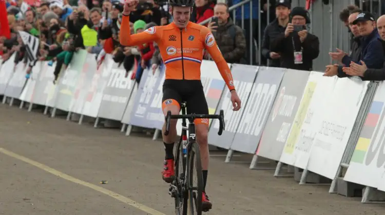 Ryan Kamp celebrates an emotional win. U23 Men. 2020 UCI Cyclocross World Championships, Dübendorf, Switzerland. © B. Hazen / Cyclocross Magazine