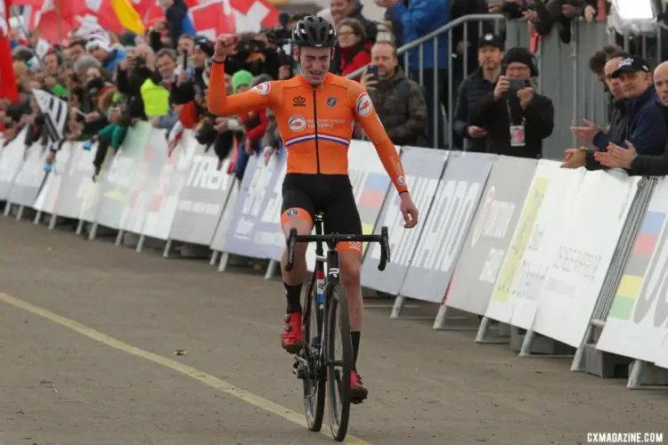 Ryan Kamp celebrates an emotional win. U23 Men. 2020 UCI Cyclocross World Championships, Dübendorf, Switzerland. © B. Hazen / Cyclocross Magazine