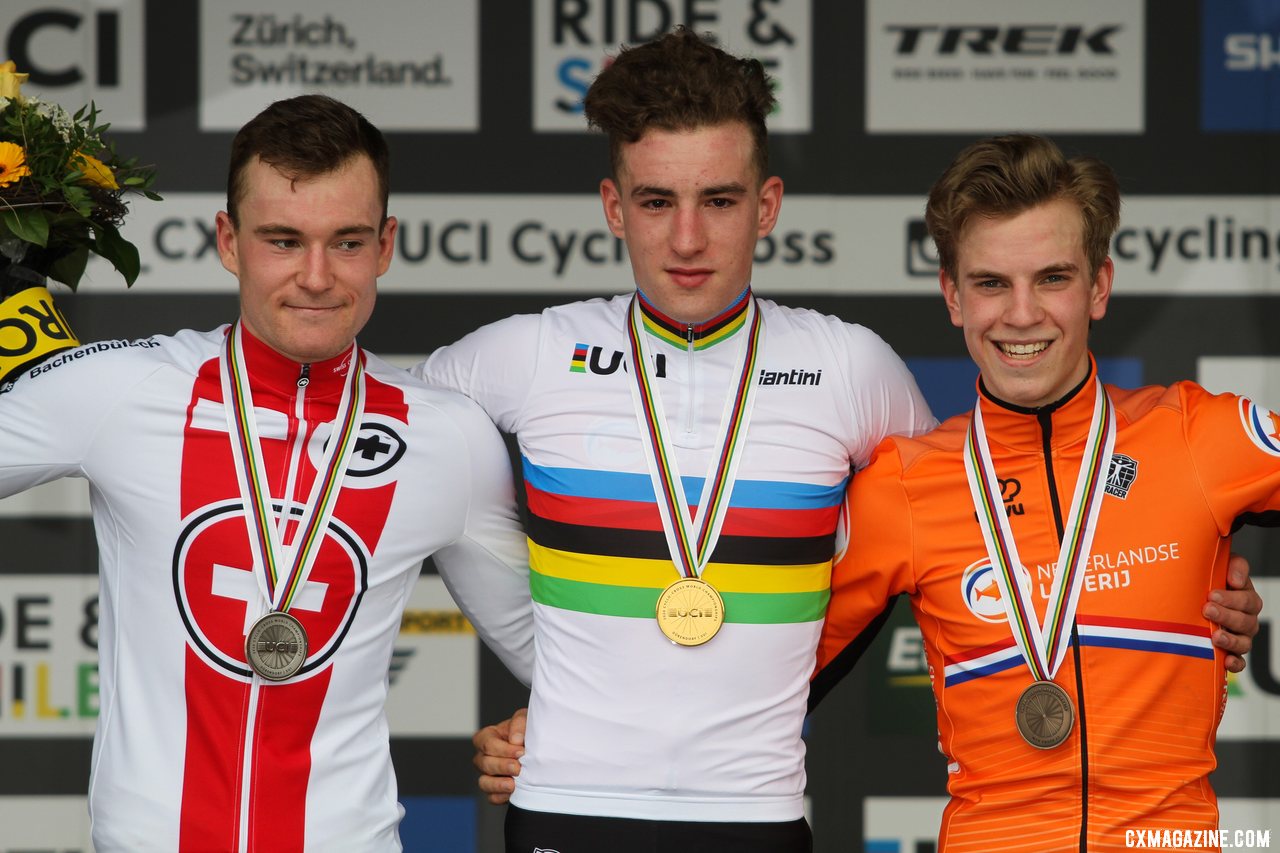 Ryan Kamp earned the rainbow stripes after a dominant ride ahead of Kuhn and Hendrikx. U23 Men. 2020 UCI Cyclocross World Championships, Dübendorf, Switzerland. © B. Hazen / Cyclocross Magazine